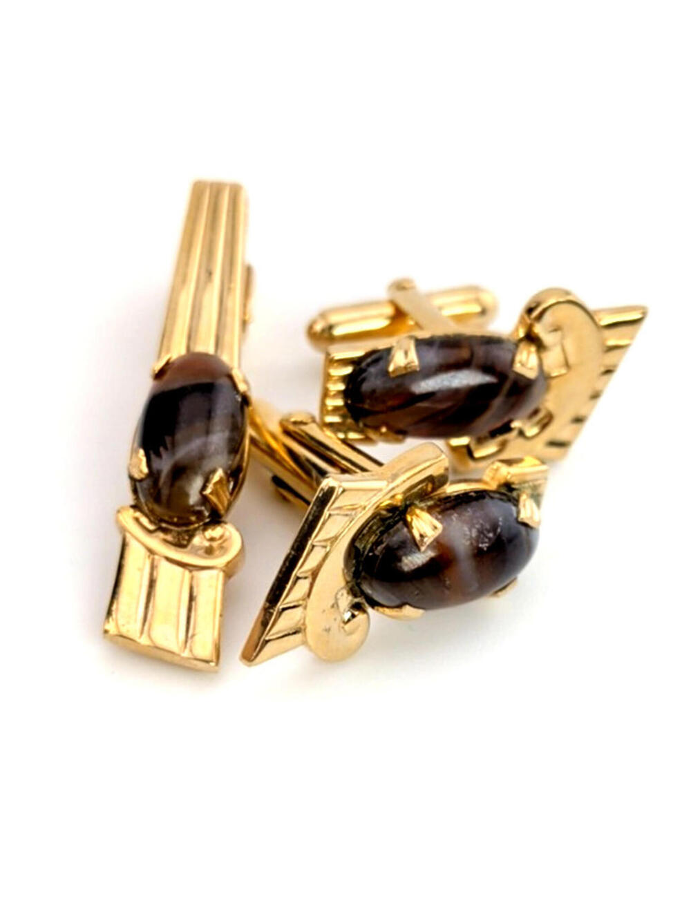 Gold-Tone & Agate Cufflinks & Tie Bar Clasp Clip Cufflinks Set by ANSON 32916